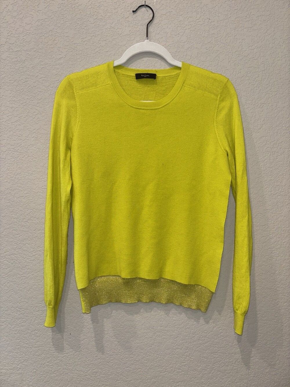 Paul Smith Bright Yellow Sweater Metallic Gold Hem 100% Wool Women’s M